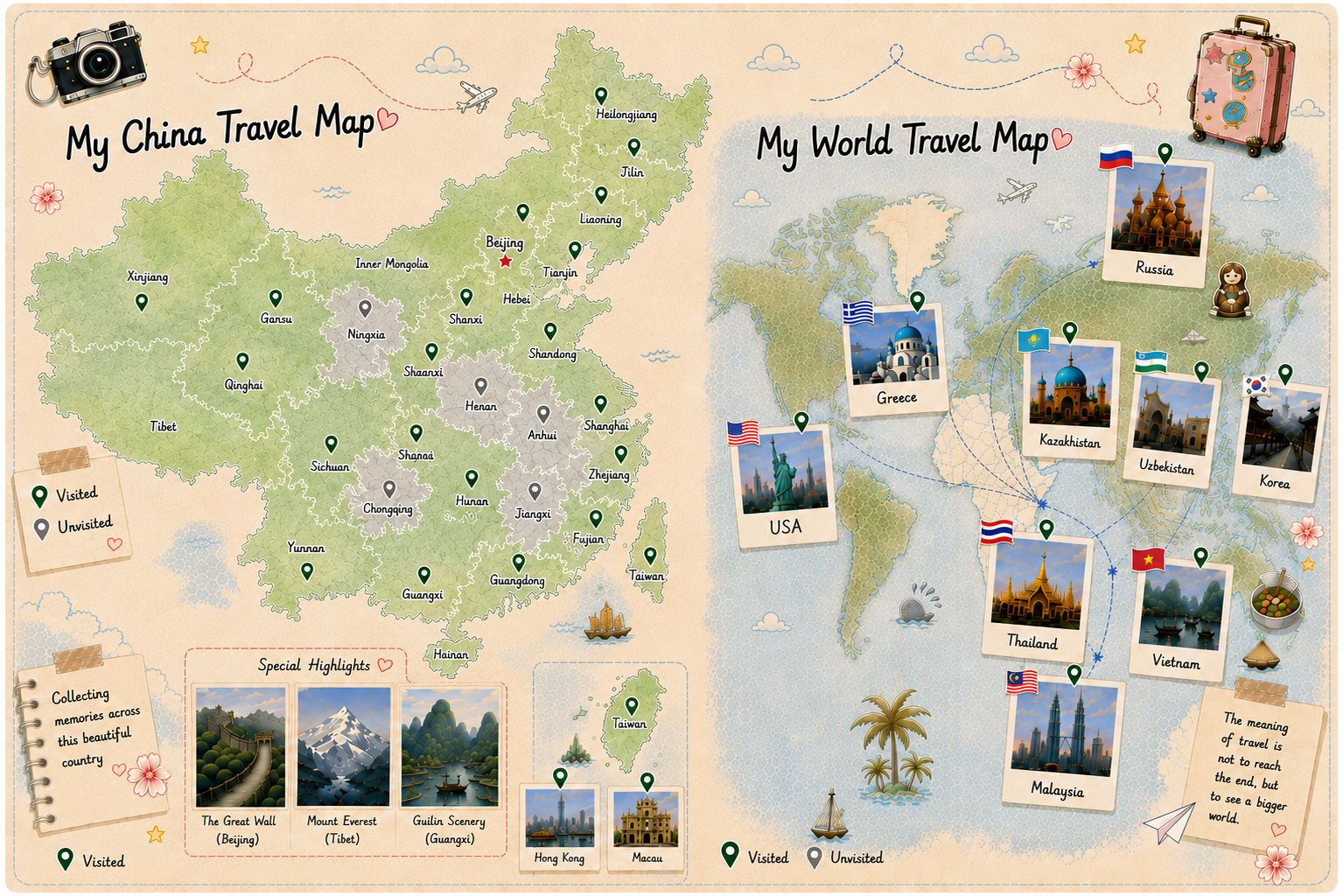 Stylized China and world travel illustration